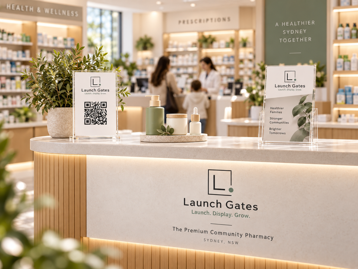 Launch Gates pharmacy counter display for hosts and space owners
